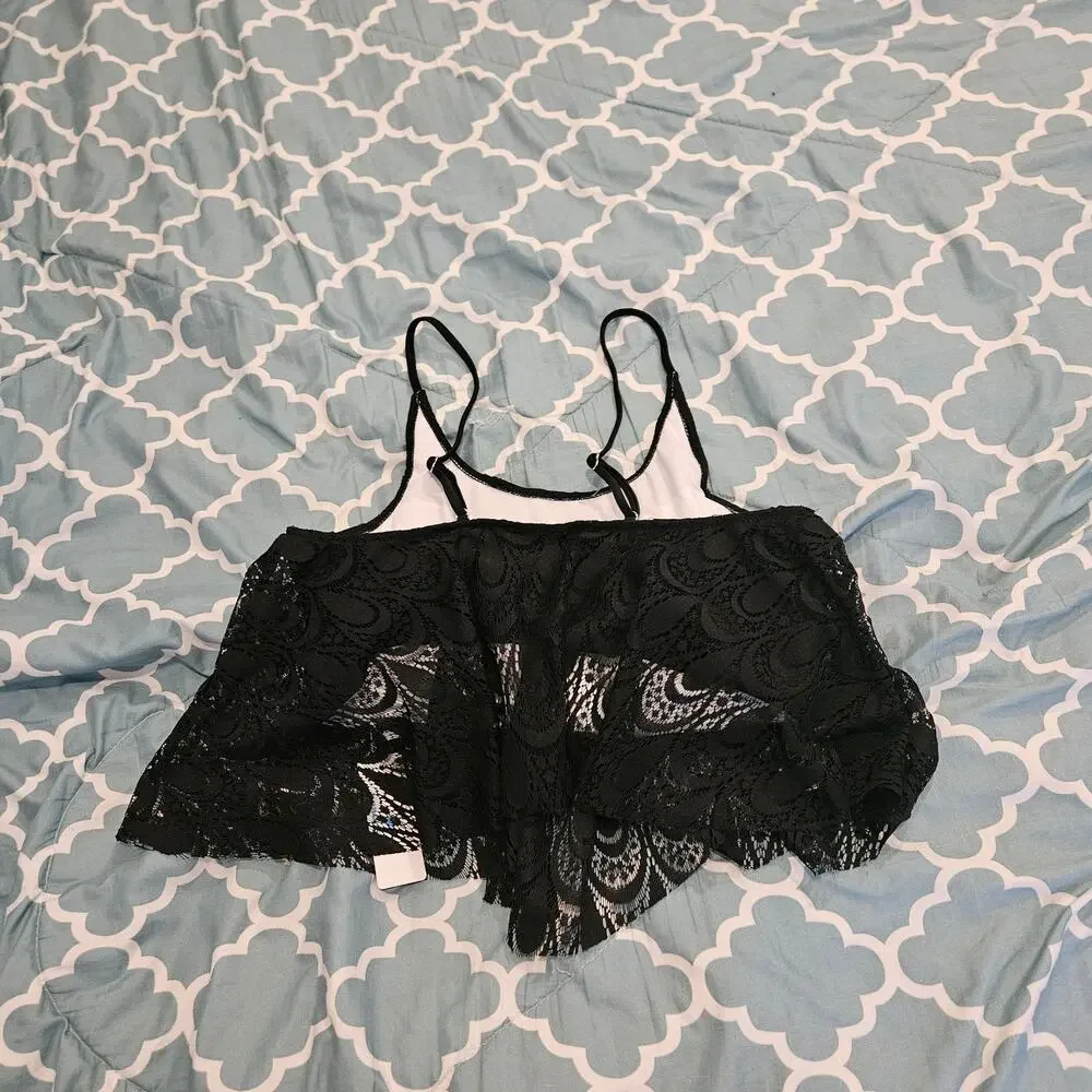 Beachsissi Lace Overlay Bikini Swim Top Women's XL Black Flounce NWT